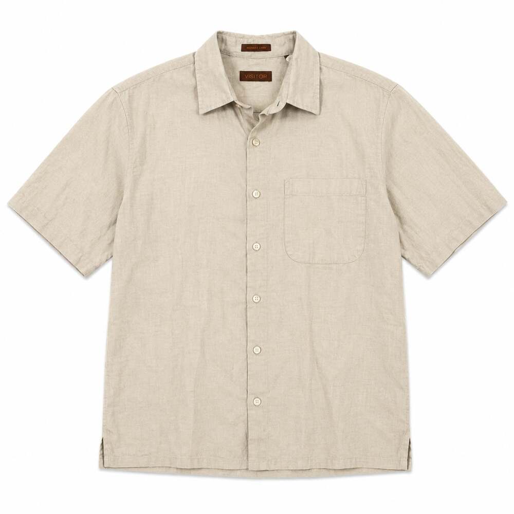 Visitor Men's Short Sleeve 100% Linen Button Down Shirt in Beige